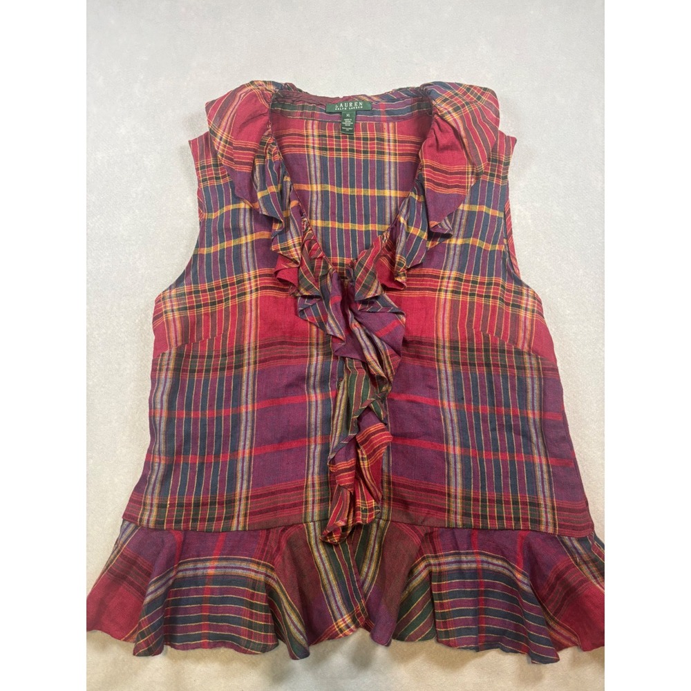Lauren Ralph Lauren Red Plaid Linen Ruffle Peplum Sleeveless Top XL